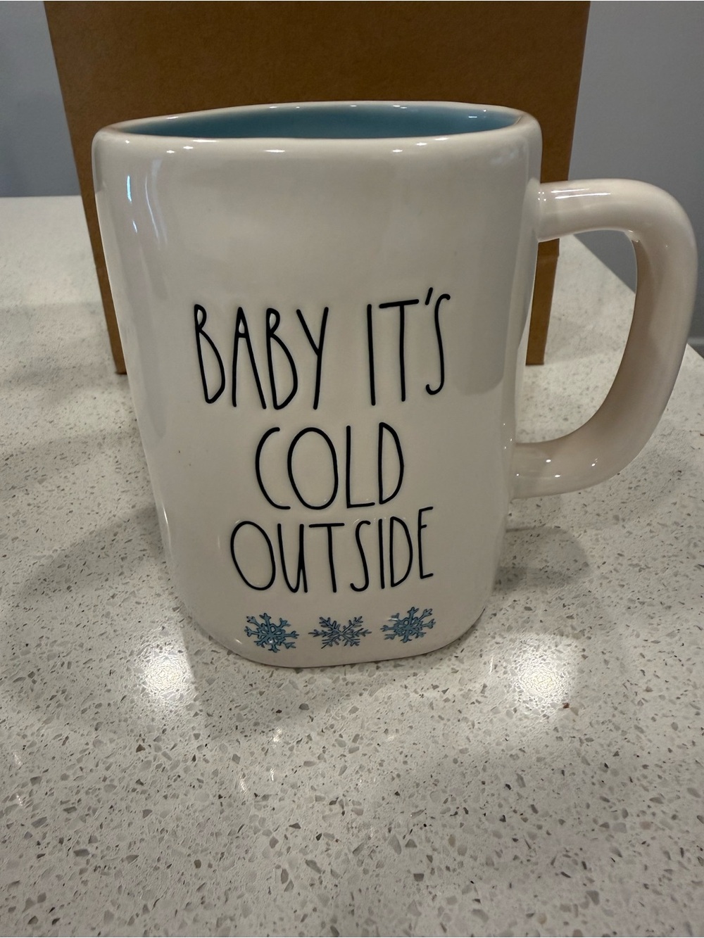 Rae Dunn White Mug with Blue Interior - "Baby It's Cold Outside"